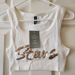 H&M White Cotton Sequined "Stay" Crop Tank Top  Size S